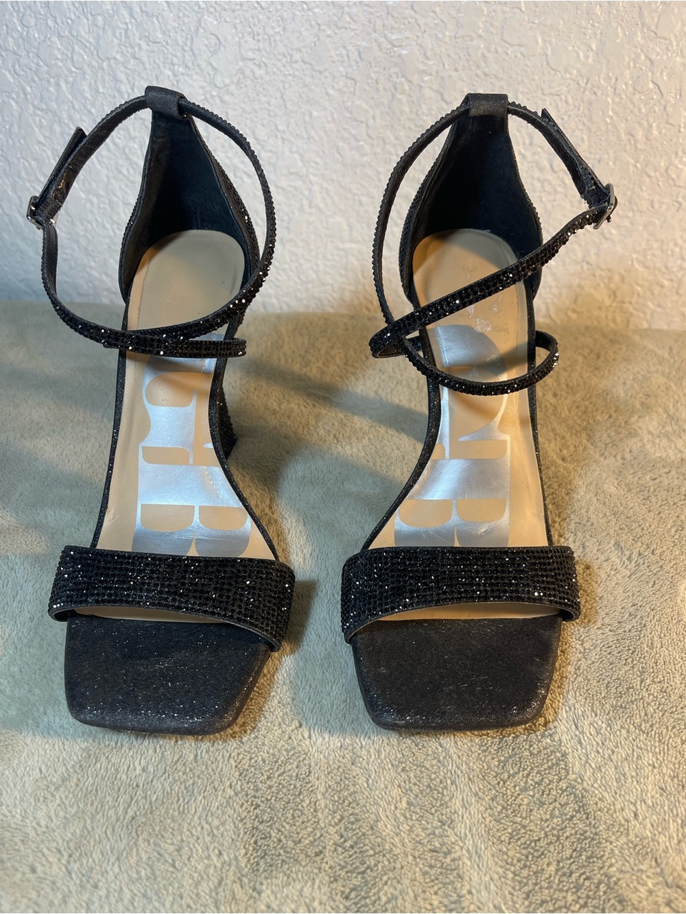 Gianni Bini Black Strappy Ankle-Wrap Heels with Rhinestone Accent